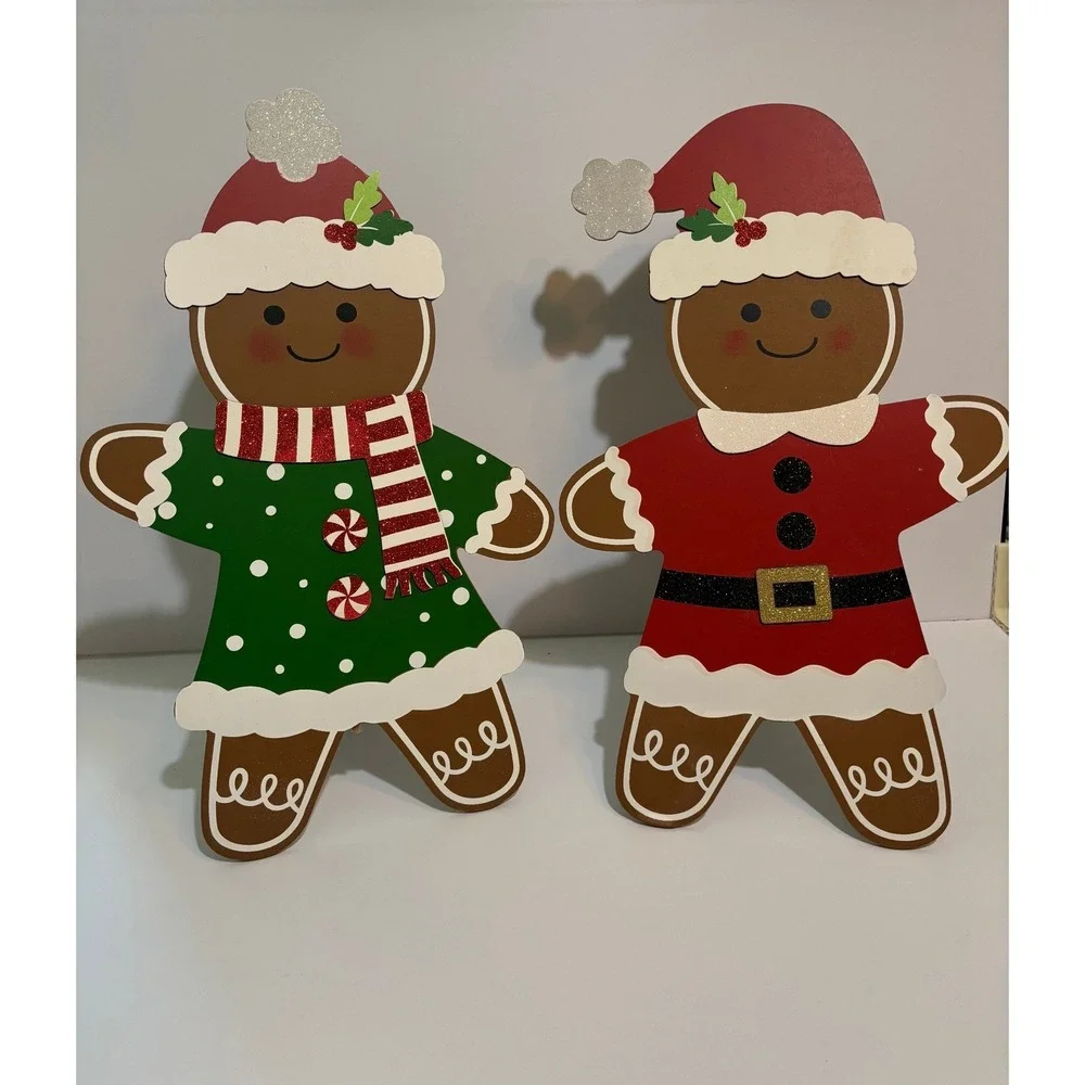 Gingerbread Man and Woman Wood Standing Christmas Decorations Set of 2 16 Inch